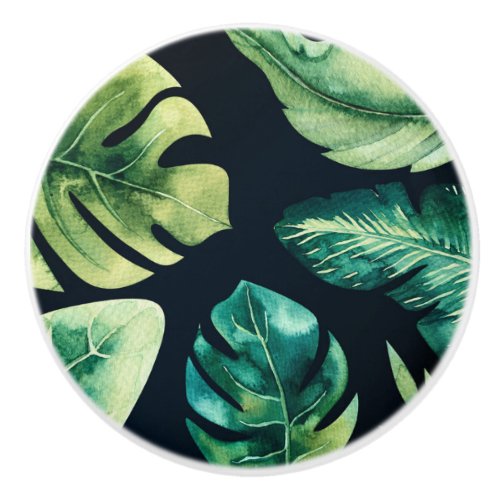 Green Tropical Leaves Black Summer Paradise Ceramic Knob