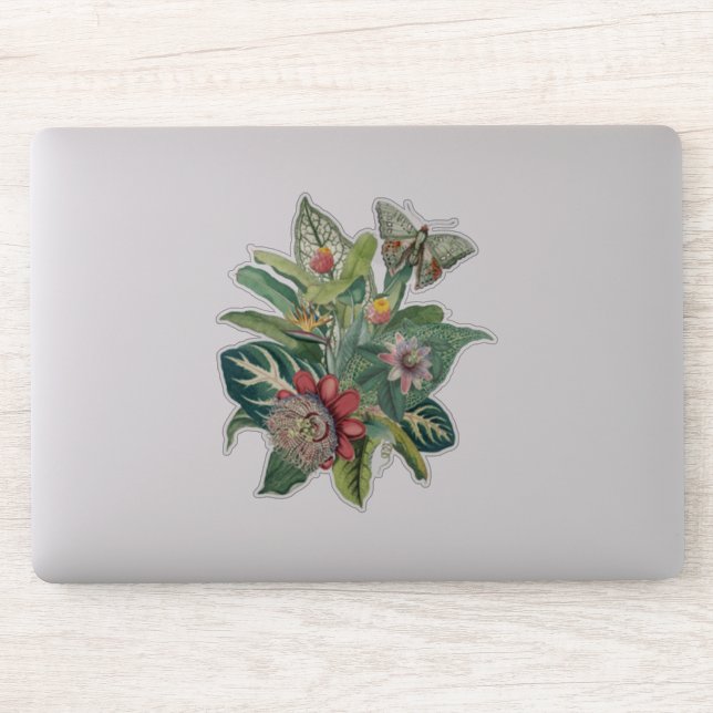 Green Tropical Leaves Flowers Butterfly  Sticker (Computer)