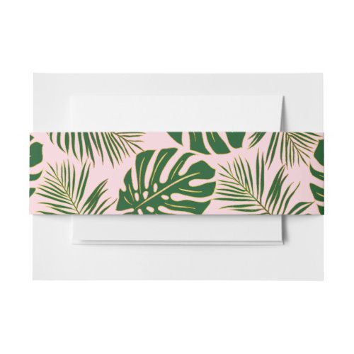 Green tropical leaves gold outline pink wedding invitation belly band