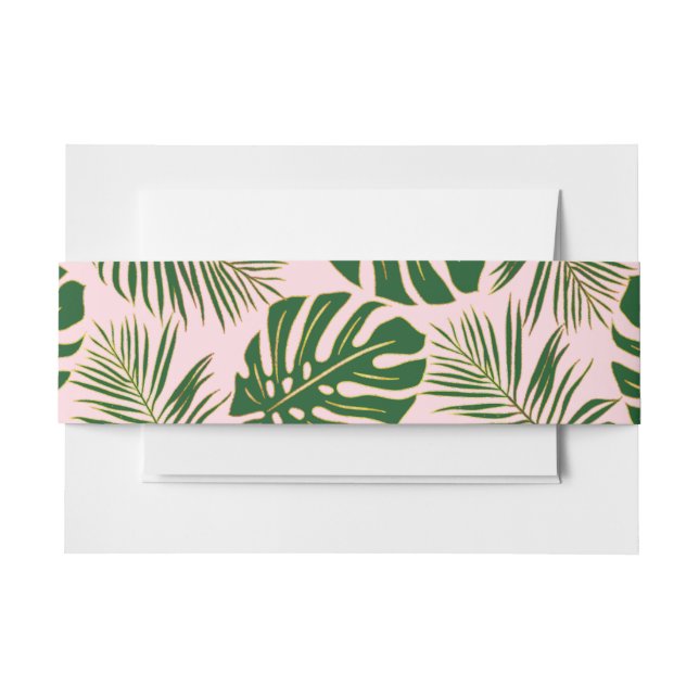 Green tropical leaves gold outline pink wedding invitation belly band (Front Example)