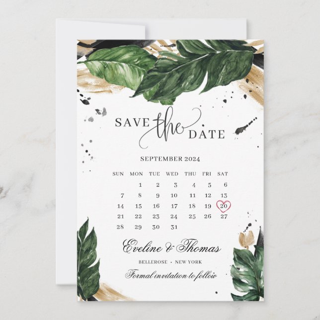 Green tropical leaves gold summer wedding save the date (Front)