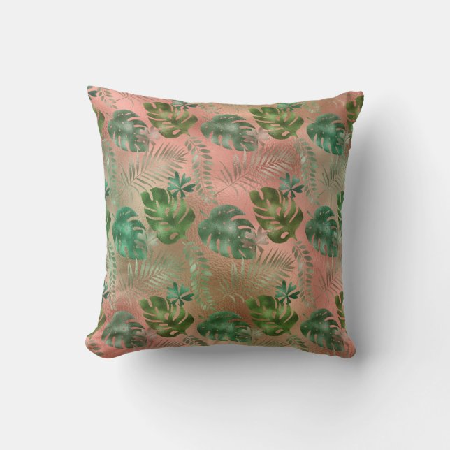 Green Tropical Leaves Iridescent Pink Terracotta Outdoor Pillow (Front)