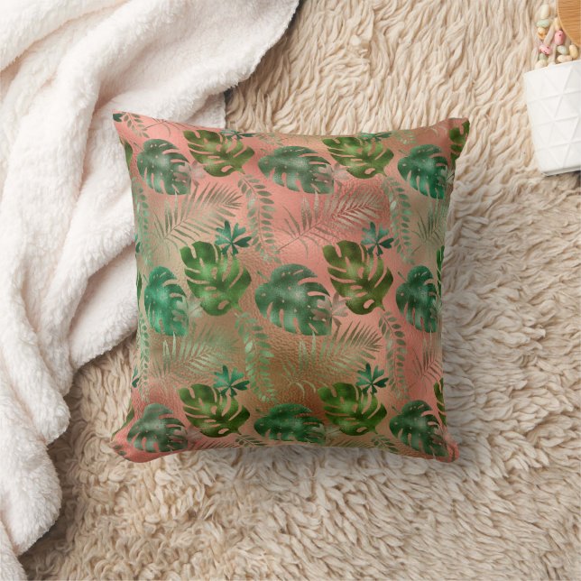 Green Tropical Leaves Iridescent Pink Terracotta Throw Pillow (Blanket)