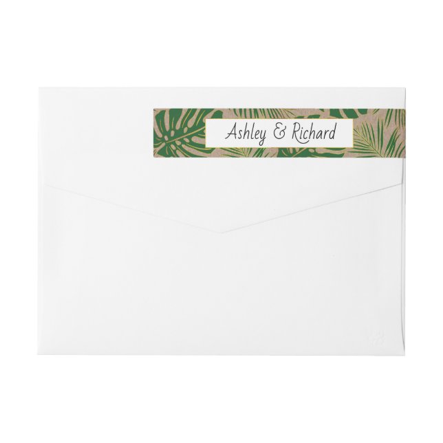 Green tropical leaves kraft paper rustic wedding wrap around label (Back)