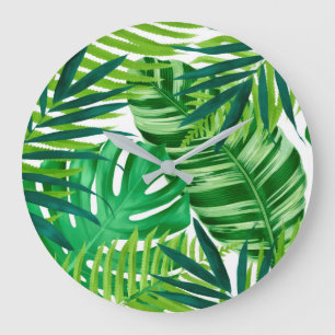 Green Tropical Leaves Large Clock