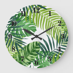 Green Tropical Leaves Large Clock