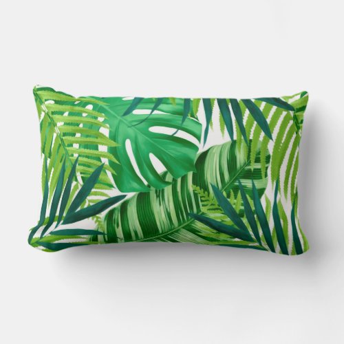 Green Tropical Leaves Lumbar Pillow