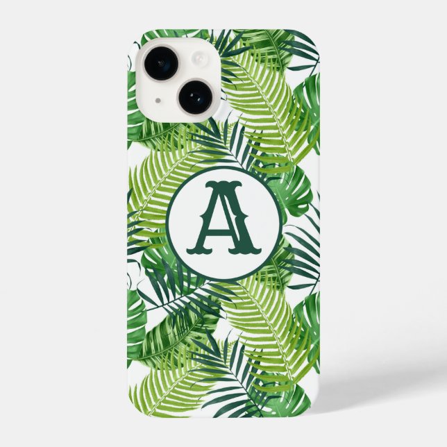 Green Tropical Leaves Monogram iPhone Case (Back)