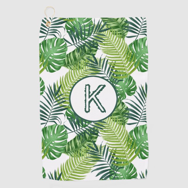 Green Tropical Leaves Monogram K Golf Towel (Front)