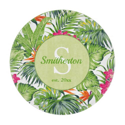 Green Tropical Leaves Monogram Name Established Cutting Board