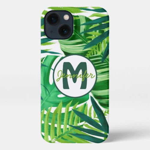 Green Tropical Leaves Monogram Name iPhone 13 Case