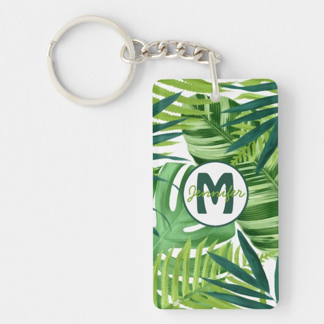 Green Tropical Leaves Monogram Name Keychain (Front)