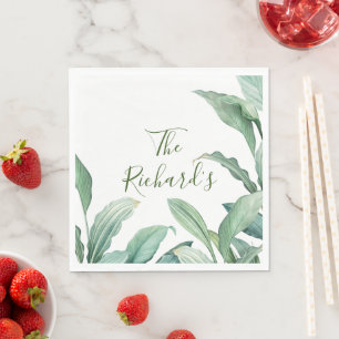 Green Tropical Leaves Monogram Name  Napkins