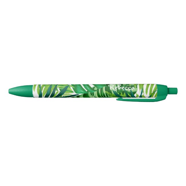 Green Tropical Leaves Monogram Name Pen (Bottom)