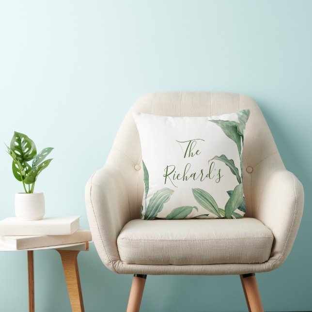 Green Tropical Leaves Monogram Name  Throw Pillow (Chair)