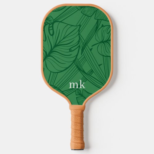 Green Tropical Leaves Monogram Pickleball Paddle