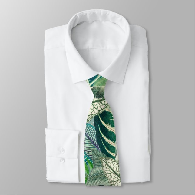 Green Tropical Leaves Neck Tie (Tied)