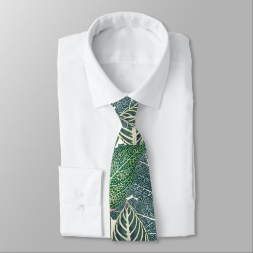 Green tropical leaves neck tie