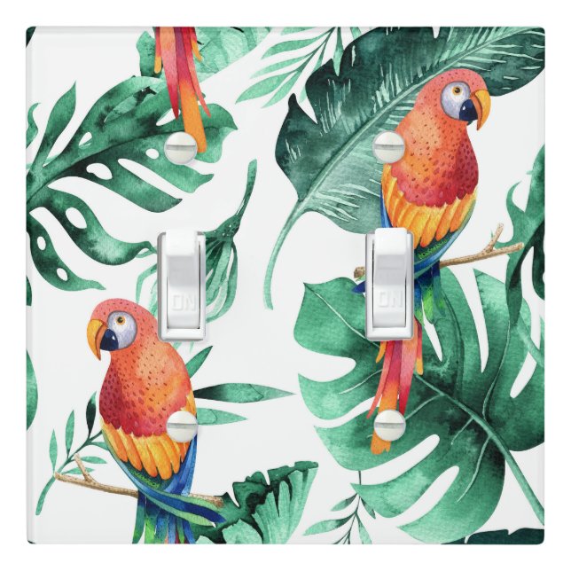 Green Tropical Leaves & Parrots Summer Island Light Switch Cover (In Situ)