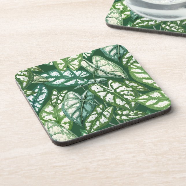 Green Tropical Leaves Pattern Beverage Coaster (Left Side)