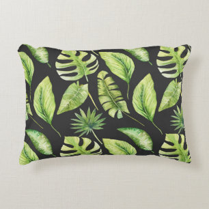 Green Tropical Leaves Pattern Black Botanical Accent Pillow