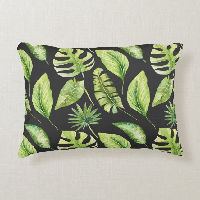 Green Tropical Leaves Pattern Black Botanical  Accent Pillow (Front)