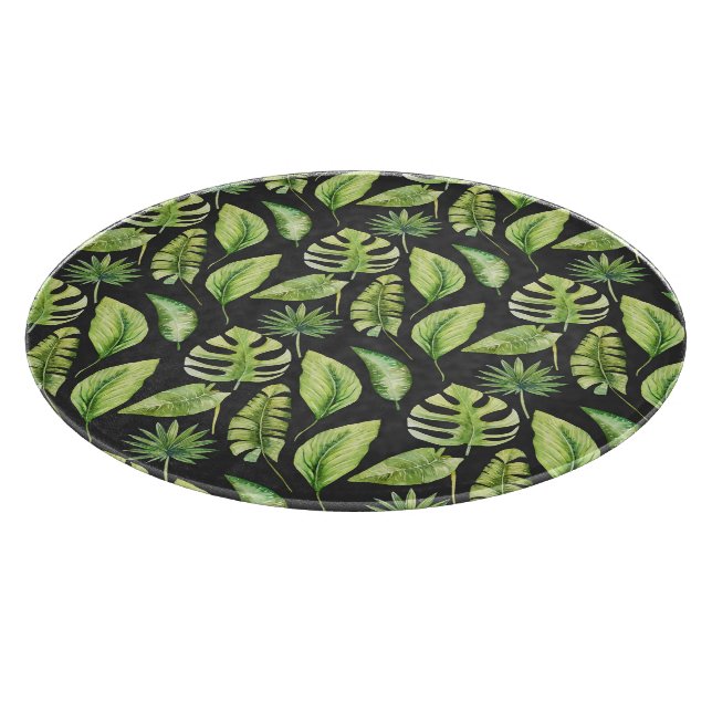 Green Tropical Leaves Pattern Black Botanical  Cutting Board (Corner)