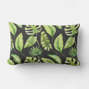 Green Tropical Leaves Pattern Black Botanical Lumbar Pillow