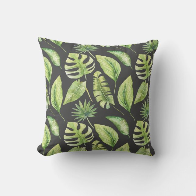 Green Tropical Leaves Pattern Black Botanical Outdoor Pillow (Front)