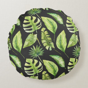 Green Tropical Leaves Pattern Black Botanical Round Pillow