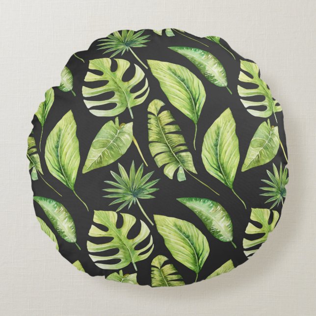 Green Tropical Leaves Pattern Black Botanical  Round Pillow (Front)
