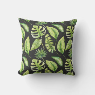 Green Tropical Leaves Pattern Black Botanical  Throw Pillow