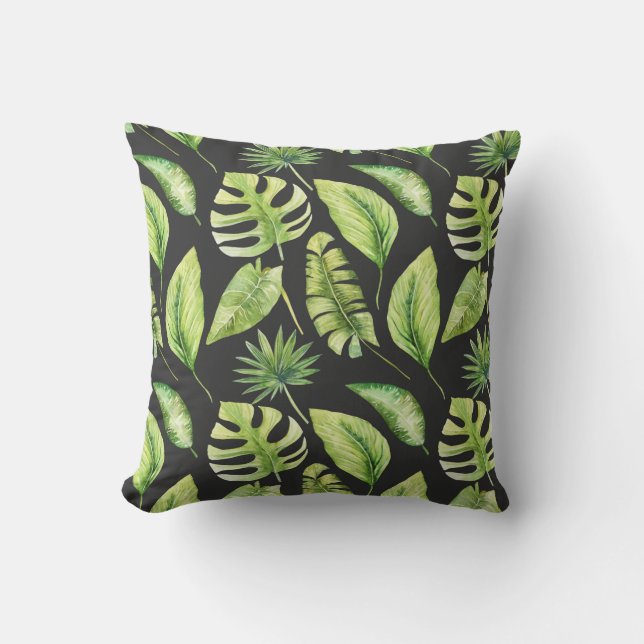 Green Tropical Leaves Pattern Black Botanical  Throw Pillow (Front)