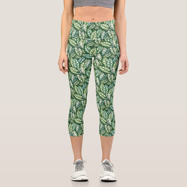 Green Tropical Leaves Pattern  Capri Leggings (Front)