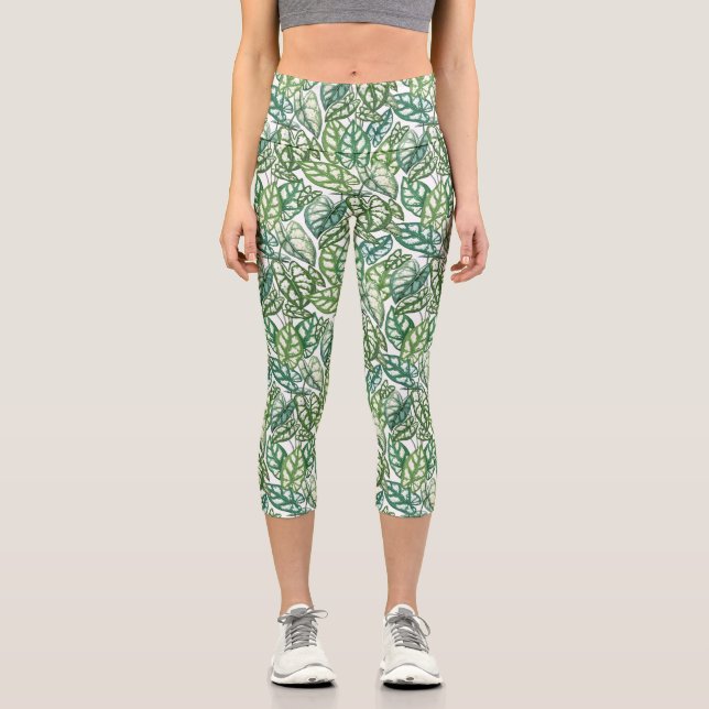 Green Tropical Leaves Pattern Capri Leggings (Front)