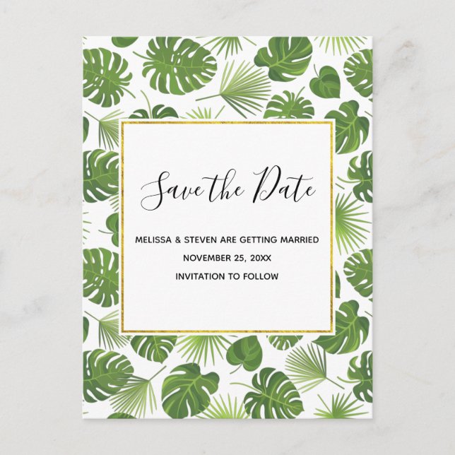 Green Tropical Leaves Pattern Classy Save the Date Invitation Postcard (Front)