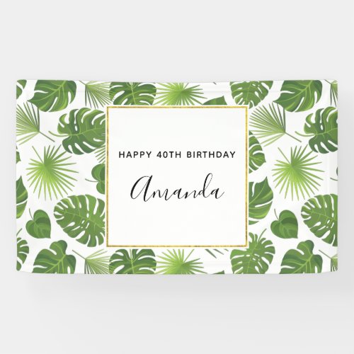 Green Tropical Leaves Pattern Happy Birthday Banner