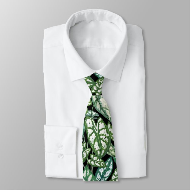 Green Tropical Leaves Pattern Neck Tie (Tied)