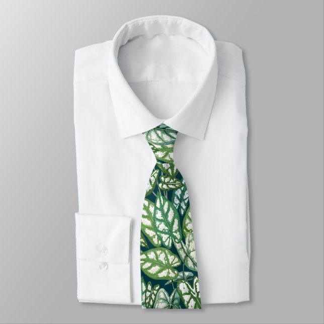 Green Tropical Leaves Pattern Neck Tie (Tied)