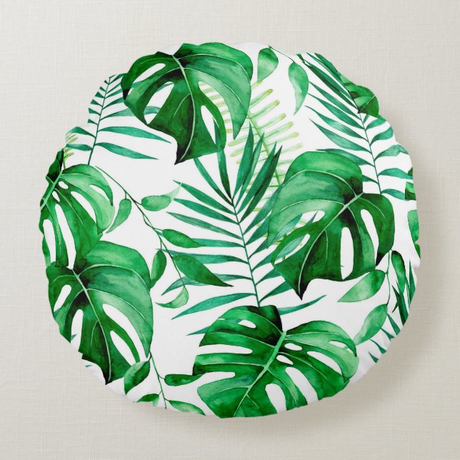 Green tropical leaves pattern round pillow (Front)