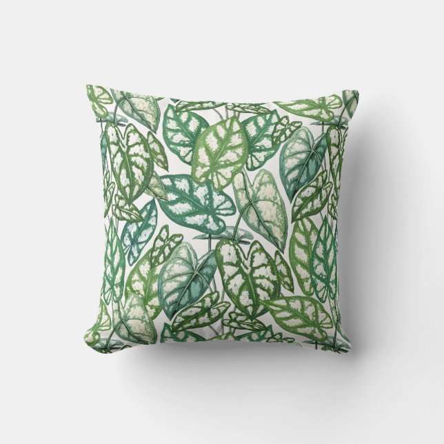 Green Tropical Leaves Pattern Throw Pillow (Front)