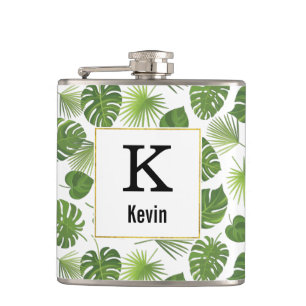 Green Tropical Leaves Pattern with Faux Gold Frame Flask