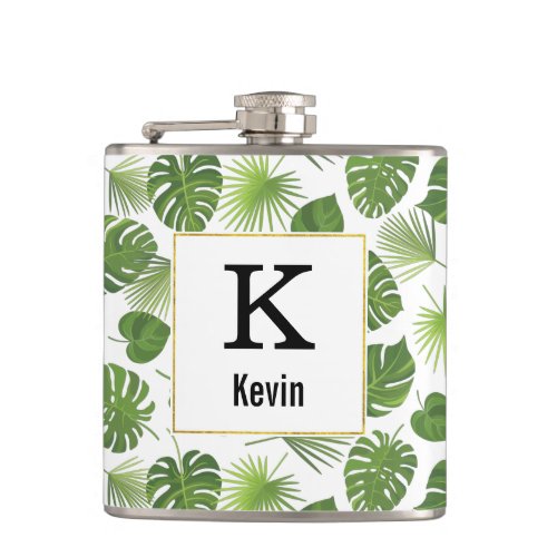 Green Tropical Leaves Pattern with Faux Gold Frame Flask