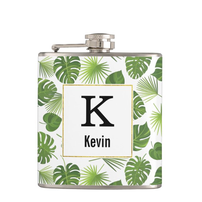 Green Tropical Leaves Pattern with Faux Gold Frame Flask (Front)