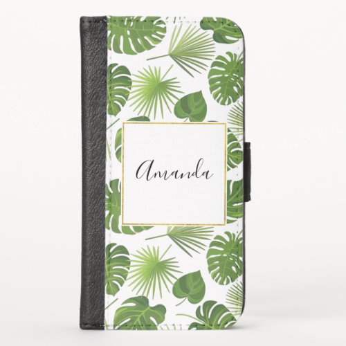 Green Tropical Leaves Pattern with Faux Gold Frame iPhone X Wallet Case