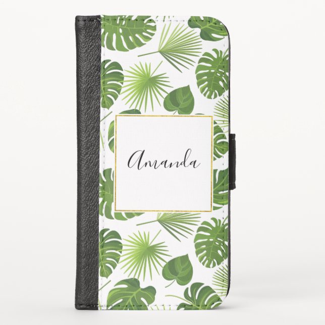 Green Tropical Leaves Pattern with Faux Gold Frame iPhone Wallet Case (Front)