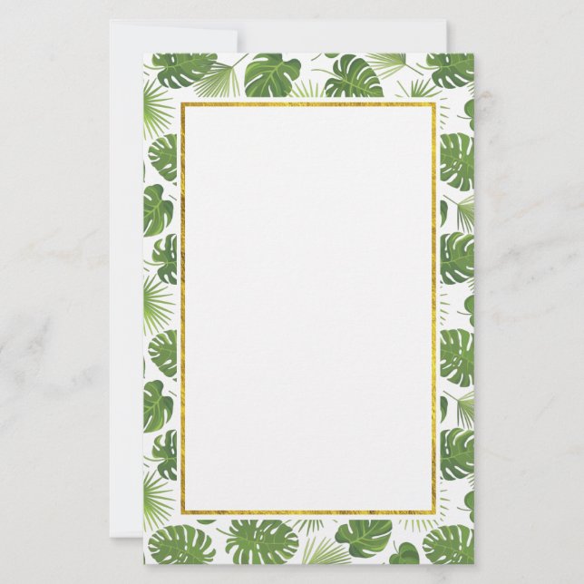 Green Tropical Leaves Pattern with Faux Gold Frame Stationery (Front)