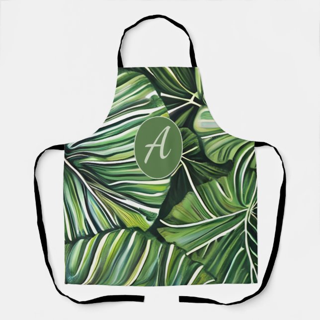 Green Tropical Leaves Personalized Monogram  Apron (Front)