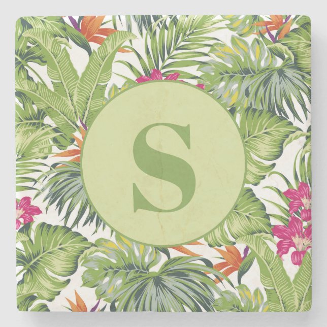 Green Tropical Leaves Pink Floral Monogram Stone Coaster (Front)