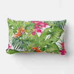 Green Tropical Leaves Pink Orange Flowers Lumbar Pillow